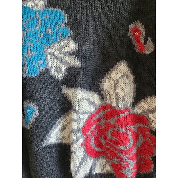 VINTAGE Women's L Sweater Charcoal Large Flowers Mohair Blend 90s RUSS TOGS 44" - Picture 4 of 7